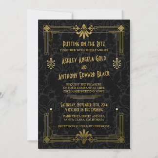 Art Deco Roaring 20s Black Gold Wedding Invitation