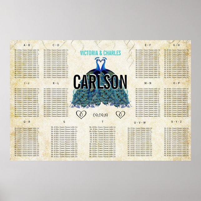Art Deco Roaring 20s Gatsby Peacock Seating Chart (Front)