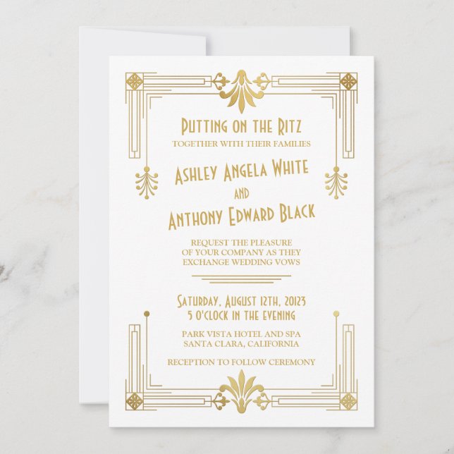 Art Deco Roaring 20s Gold White Wedding Invitation (Front)