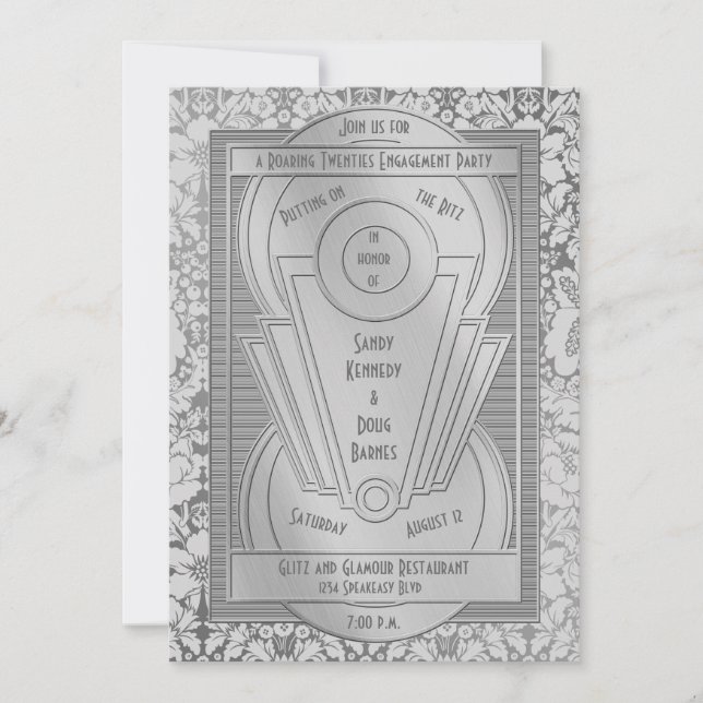 Art Deco Roaring Twenties Silver Engagement Party Invitation (Front)
