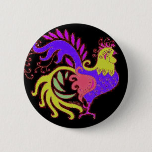 Art Deco rooster in Purple on Black 6 Cm Round Badge