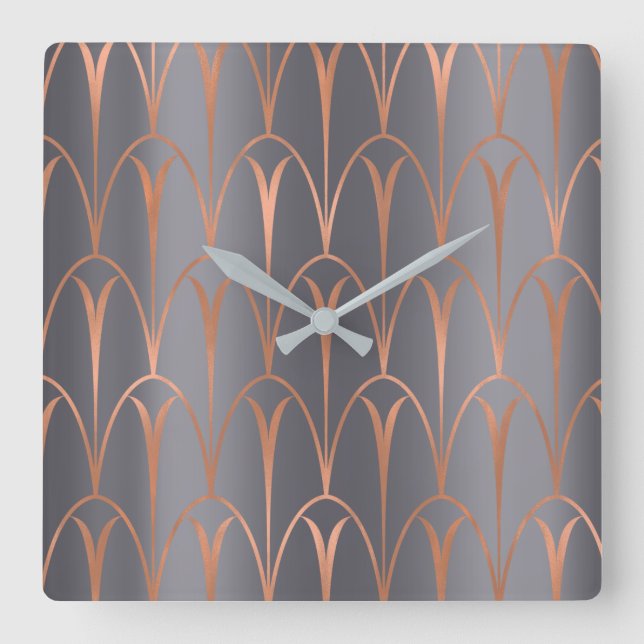 Art Deco Rose Gold Copper Geometry Grey Grey Square Wall Clock (Front)