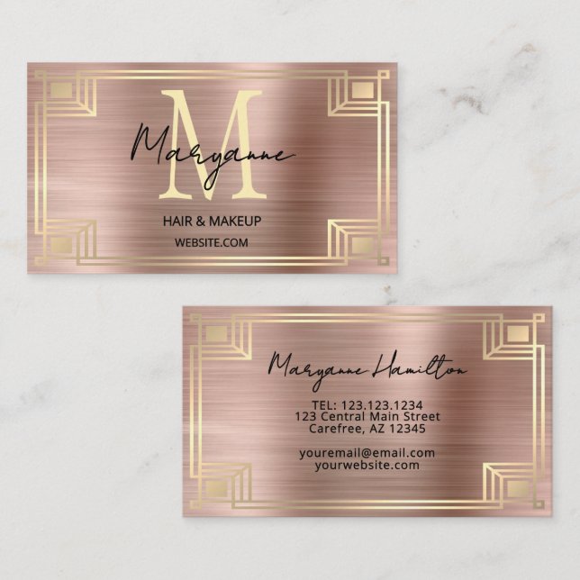 Art Deco Rose Gold Monogram Business Card (Front/Back)