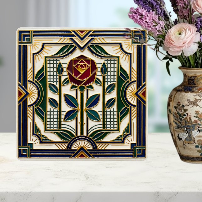 Art Deco Rose Red Blue Green Gold Floral Art Tile (Creator Uploaded)
