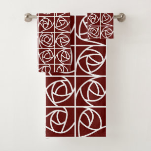 Art Deco Rose Squares Stylised Floral deep red Bath Towel Set
