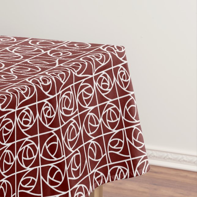 Art Deco Rose Squares Stylised Floral deep red Tablecloth (In Situ)