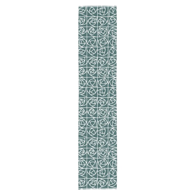 Art Deco Rose Squares Stylised Floral green Short Table Runner (Front)