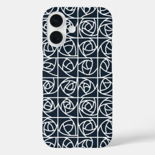 Art Deco Rose Squares Stylised Floral navy blue iPhone 16 Case
