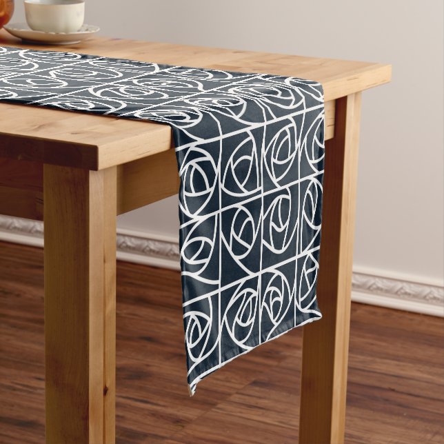 Art Deco Rose Squares Stylised Floral navy blue Short Table Runner (In Situ)