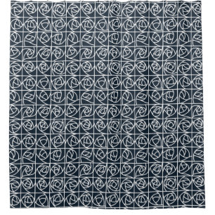 Art Deco Rose Squares Stylised Floral navy blue Shower Curtain