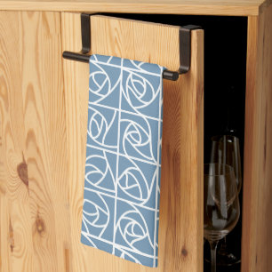 Art Deco Rose Squares Stylised Floral pale blue Tea Towel