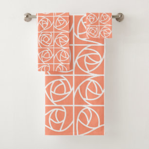 Art Deco Rose Squares Stylised Floral peach Bath Towel Set