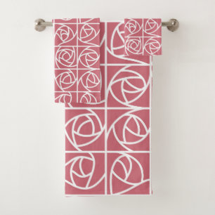 Art Deco Rose Squares Stylised Floral pink Bath Towel Set