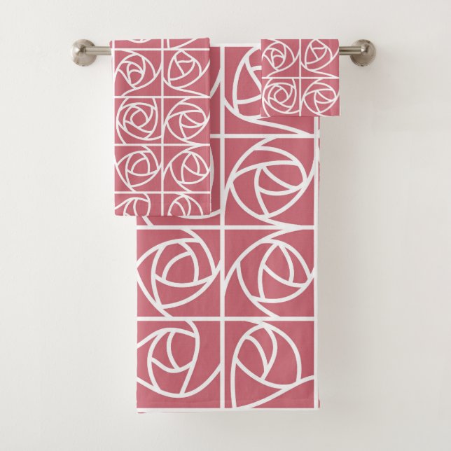 Art Deco Rose Squares Stylised Floral pink Bath Towel Set (Insitu)