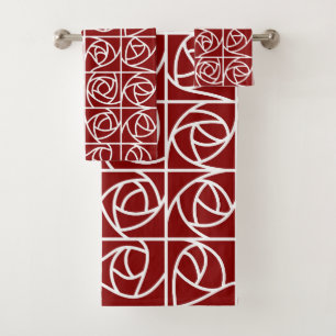 Art Deco Rose Squares Stylised Floral primary red Bath Towel Set