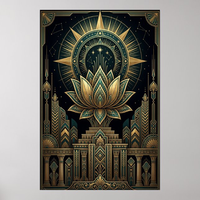 Art Deco Sacred Lotus Celestial Compass Poster (Front)