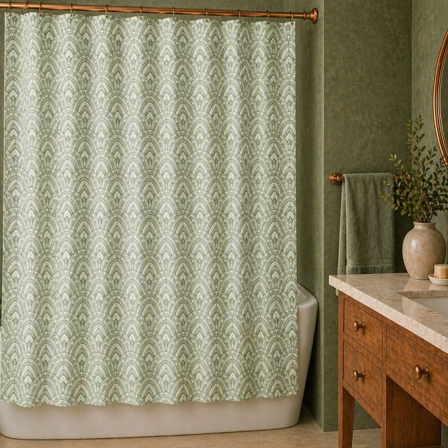 Art Deco Sage Green Fan Pattern  Shower Curtain (Creator Uploaded)