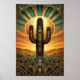 Art Deco Saguaro Cactus Sunburst Desert Gold Teal  Poster