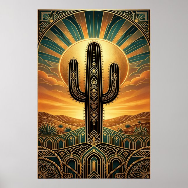 Art Deco Saguaro Cactus Sunburst Desert Gold Teal  Poster (Front)