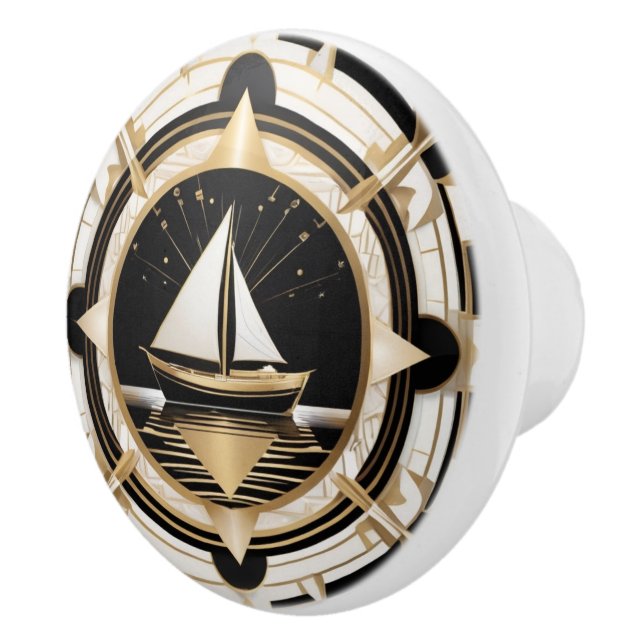 Art Deco Sail Boat Black White and Gold Nautical Ceramic Knob (Right)