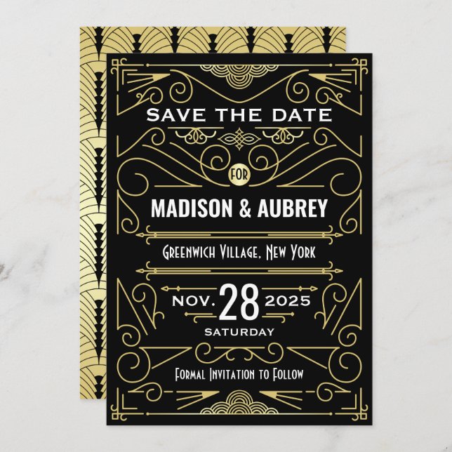 Art Deco Save the Date Wedding Elegant Gold Black Invitation (Front/Back)