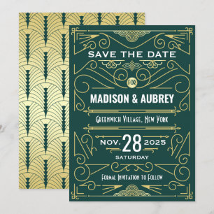 Art Deco Save the Date Wedding Elegant Gold Green Invitation