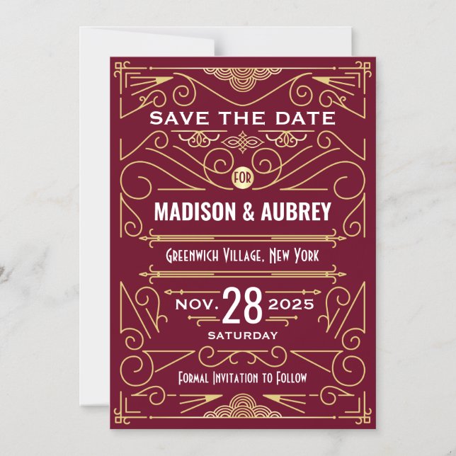 Art Deco Save the Date Wedding Gold Burgundy Magnetic Invitation (Front)