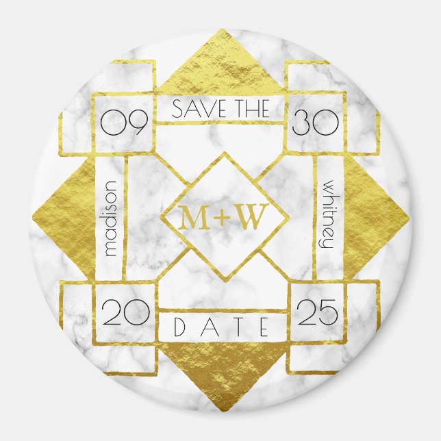 Art Deco Save the Date White Marble Gold Foil Glam Magnet (Front)