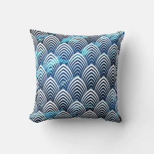 Art Deco Scales Blue Navy Ocean Geometry Marble Cushion