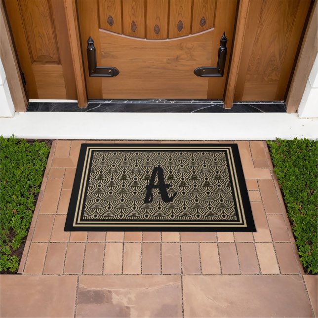 Art Deco Scallops Black Tan Custom Monogram Design Doormat (Outdoor)