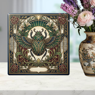Art Deco Scarab Beetle Green Gold Floral Ceramic Tile