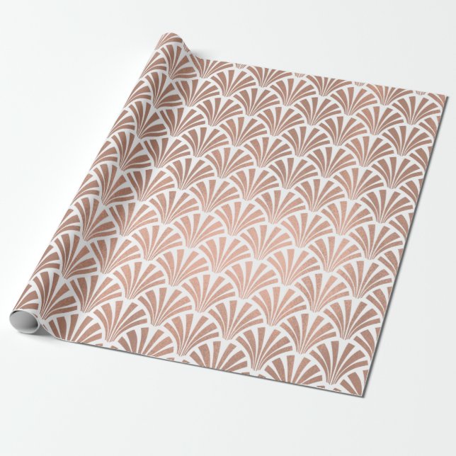 Art Deco Seashells Scales Rose Gold Copper White Wrapping Paper (Unrolled)