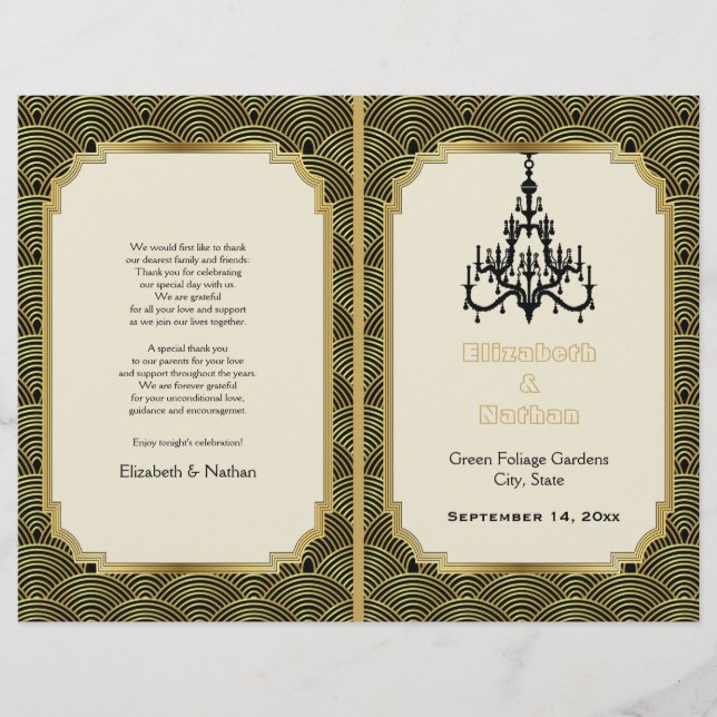 Art Deco seigaiha chandelier gold wedding program (Front)