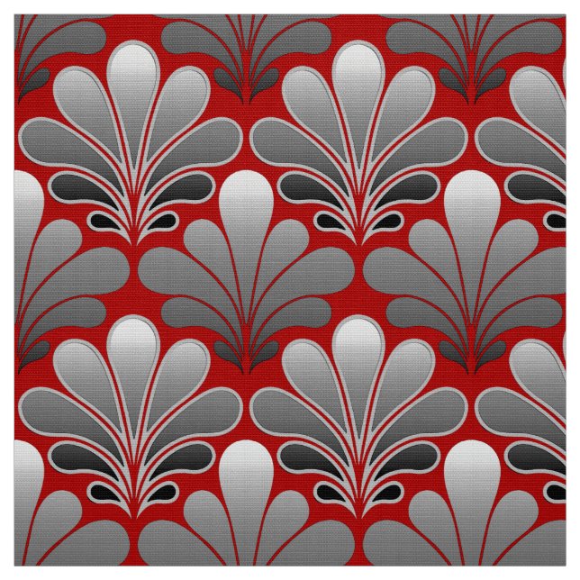Art Deco Shell Pattern, Silver Grey / Grey and Red Fabric (Swatch)