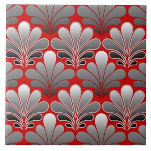 Art Deco Shell Pattern, Silver Grey / Grey and Red Tile