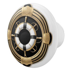 Art Deco Ship Life Preserver Ring Black White Gold Ceramic Knob