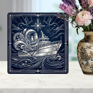 Art Deco Silver boat Ocean Waves Starry Night Tile