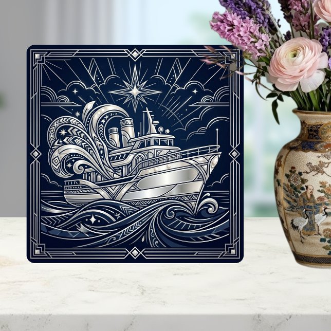 Art Deco Silver  boat Ocean Waves Starry Night Tile (Creator Uploaded)