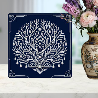 Art Deco Silver Tree Pearls Navy Marine Tile