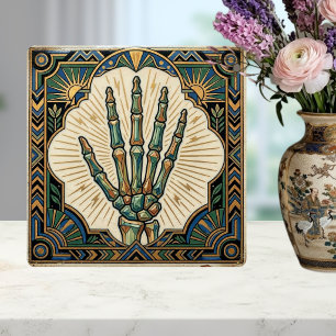 Art Deco Skeleton Hand Green Gold Geometric Design Tile