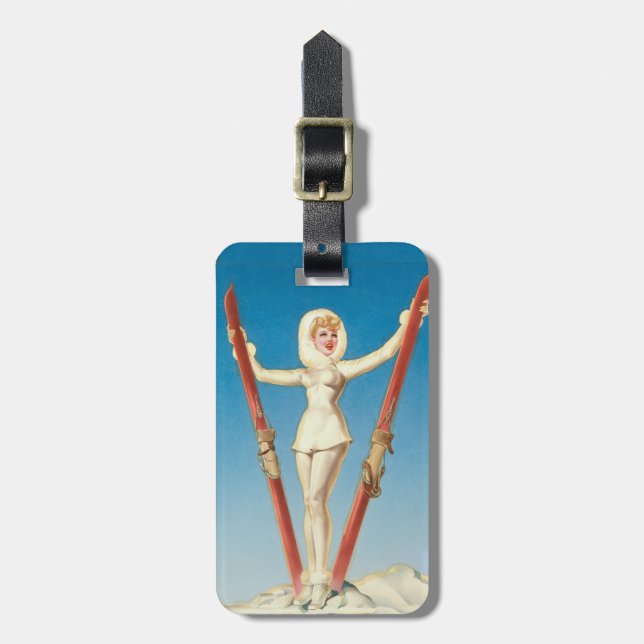 Art Deco Ski Blonde Pin Up Luggage Tag (Front Vertical)