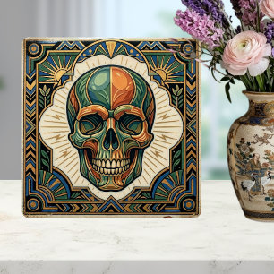 Art Deco Skull Emerald Green Orange Gold Ceramic T Tile