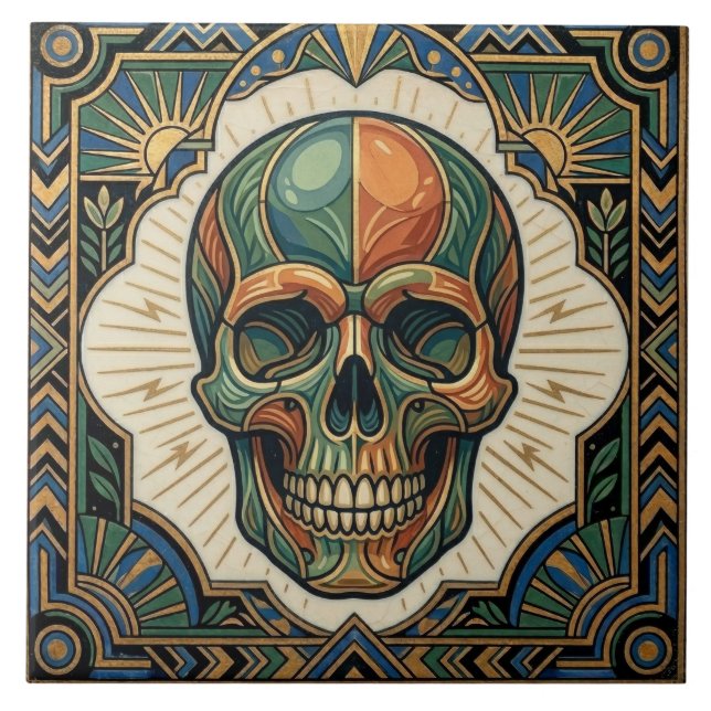 Art Deco Skull Emerald Green Orange Gold Ceramic T Tile (Front)