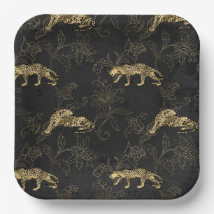 Art deco Sophisticated Black and Gold leopard  Paper Plate