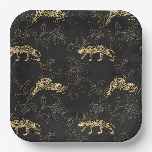 Art deco Sophisticated Black and Gold leopard  Paper Plate (Front)