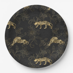 Art deco Sophisticated Black and Gold leopard  Paper Plate