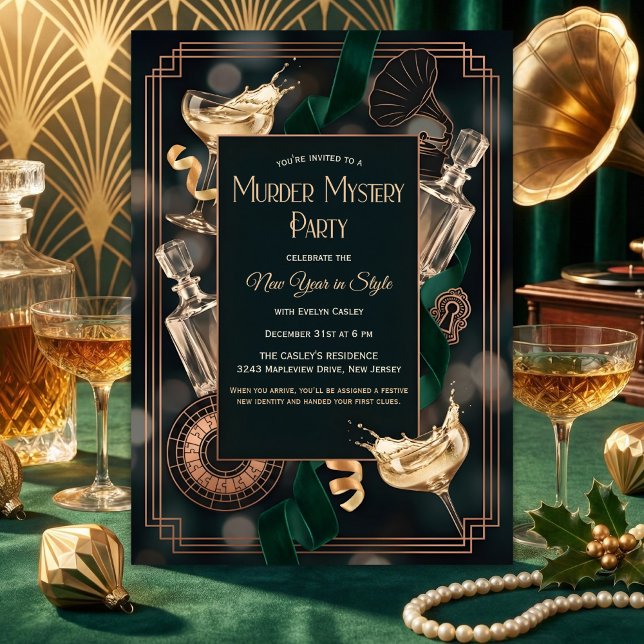 Art Deco Speakeasy Murder Mystery New Year Party Invitation (Speakeasy Murder Mystery New Year – Art Deco Black & Gold, Champagne, Personalized)