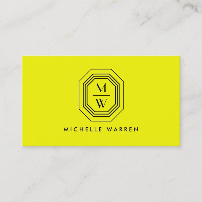 Art Deco Stacked Monogram Logo on Neon Yellow Business Card (Front)