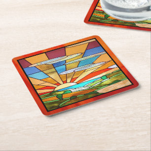 Art Deco Stained Glass 1 Square Paper Coaster