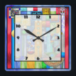 Art Deco Stained Glass 1 Square Wall Clock<br><div class="desc">10.75” x 10.75” acrylic wall clock with an image of a stained glass artwork with Art Deco flair, reminiscent of certain 1920s works. Easy-to-read clock face on white transparent square with thin black border. See the entire This & That Clock collection in the HOME section.</div>